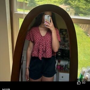 SHEIN Red Floral Blouse with Bow Detail